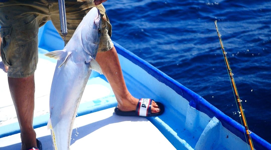 Photo by Cast & Spear person holding gray fish on blue and white boat during daytime